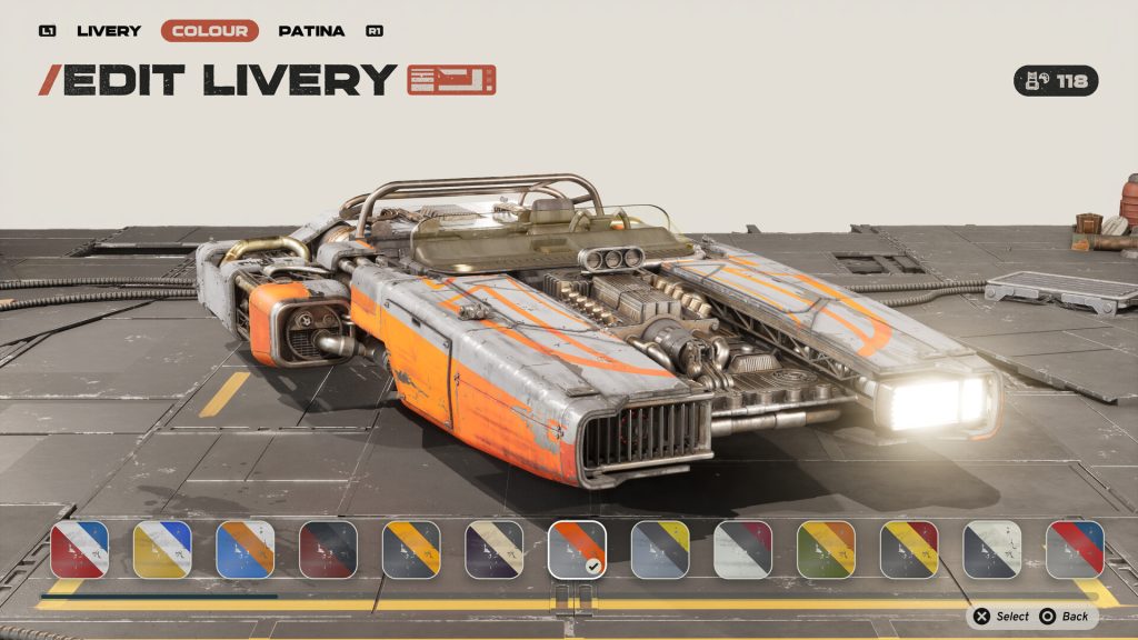 Star Wars: Galactic Racer review - screenshot of the "Edit Livery" menu, showing various colors and decals for your racer