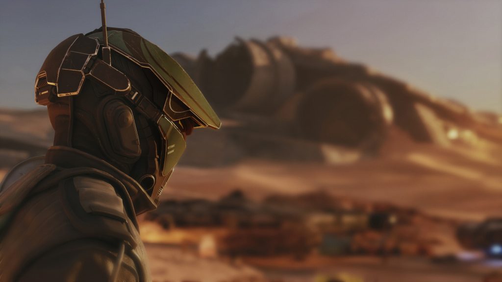 Star Wars: Galactic Racer review - close-up screenshot of the game's protagonist Shade as he looks on at a desert backdrop