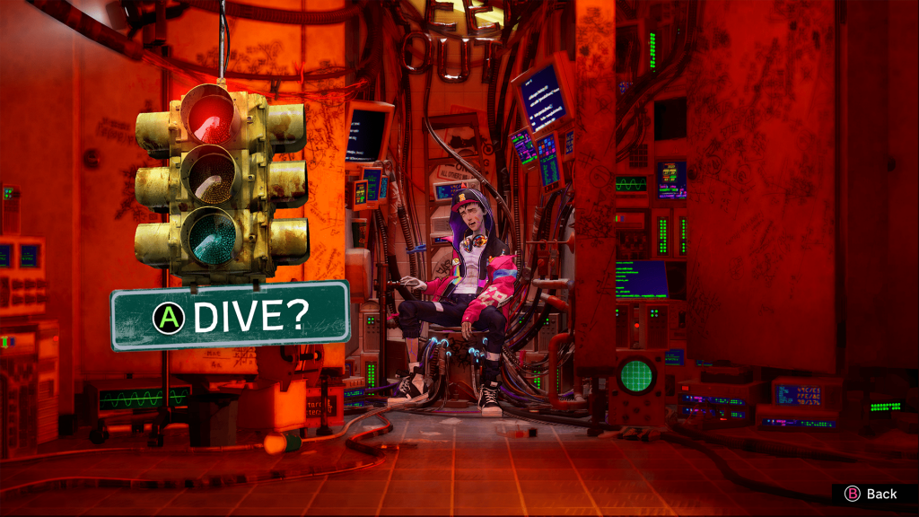 Stupid Never Dies review - screenshot of Davy sitting on a futuristic toilet, a red light dangling from the ceiling with the text "DIVE?" underneath
