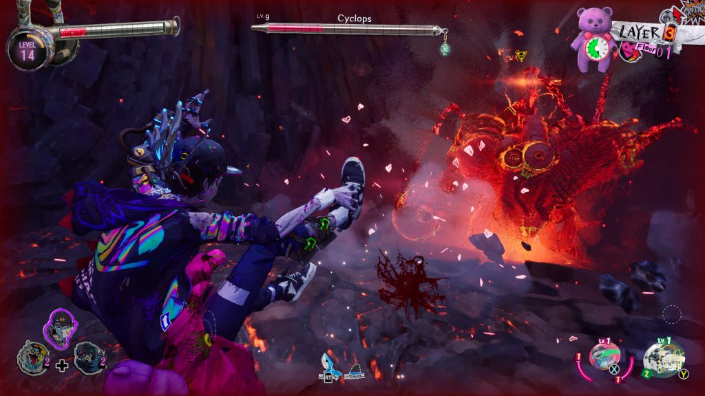 Stupid Never Dies review - gameplay screenshot of Davy fighting a Cyclops enemy in Layer 3, Floor 01