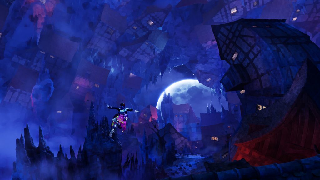Stupid Never Dies review - promotional screenshot of Davy gliding through a Tim Burton-esque haunted town