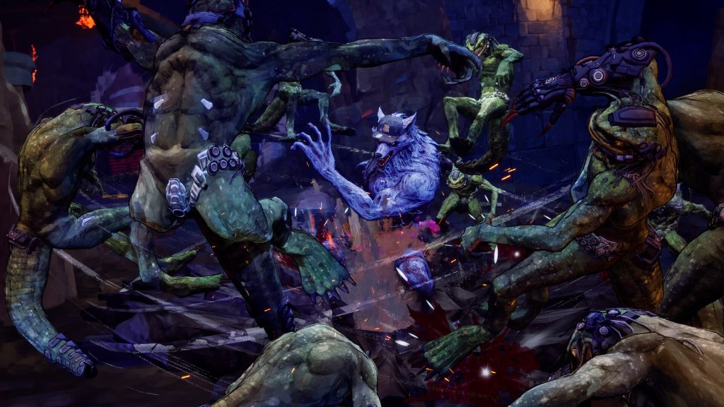 Stupid Never Dies review - gameplay screenshot of Davy transformed into a werewolf while fighting off a legion of enemies