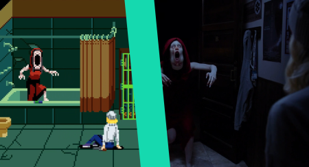 Tenebris Somnia Review: This composite image shows a screenshot of the 2D pixel graphic style side-by-side with a FMV cutscene of the same monster in this horror game. There is a teal diagonal line in the middle.