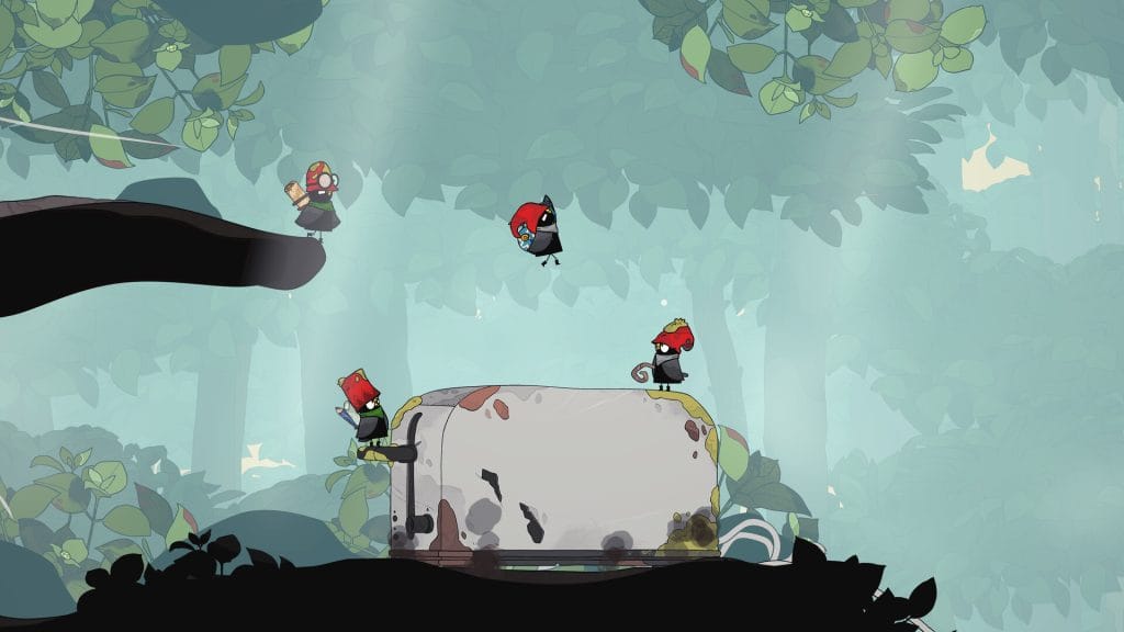 The Merlies Review - screenshot of two birds standing on a rusty toaster while a third jumps in the air and a fourth looks on, perched on a distant branch