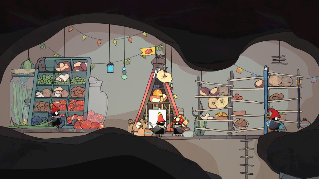 The Merlies Review - screenshot of four birds managing inventory of various mushrooms, nuts, and berries back at The Stump, the game's hideaway