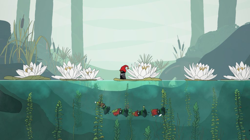 The Merlies Review - screenshot of four birds swimming underneath a fifth bird perched upon a lily pad