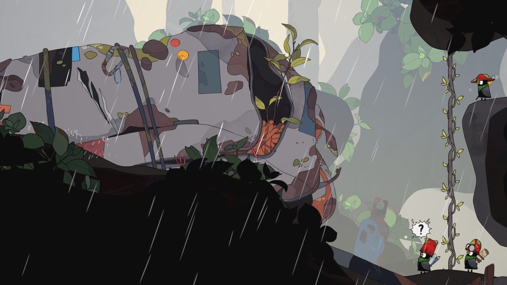 The Merlies Review - screenshot of three birds looking at a giant, discarded backpack, weeds beginning to peek through from an unzipped pocket