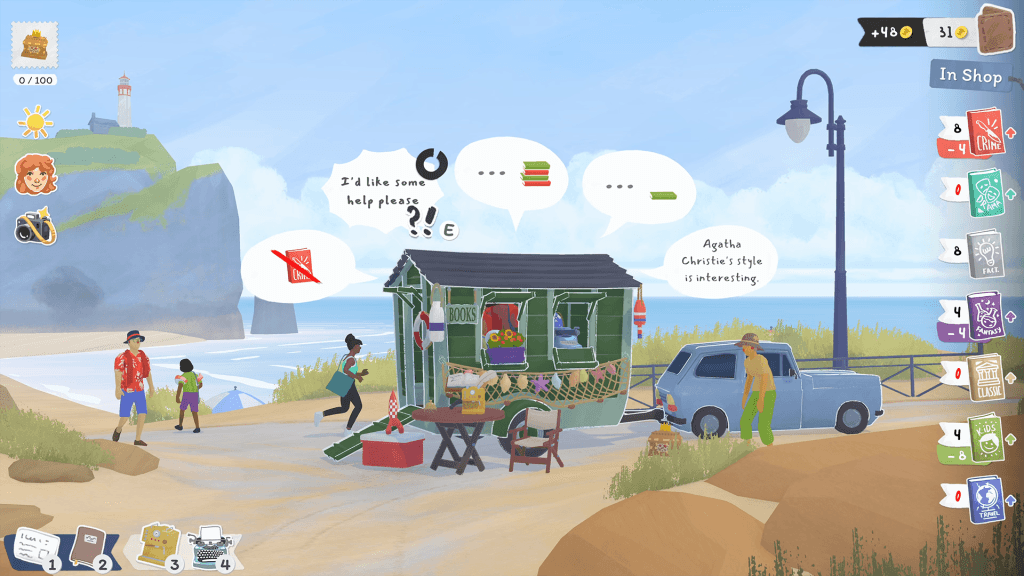 A screenshot of Tiny Bookshop, an indie game where players run a mobile bookstore. The bookshop is parked on the beach and customers enter. 
