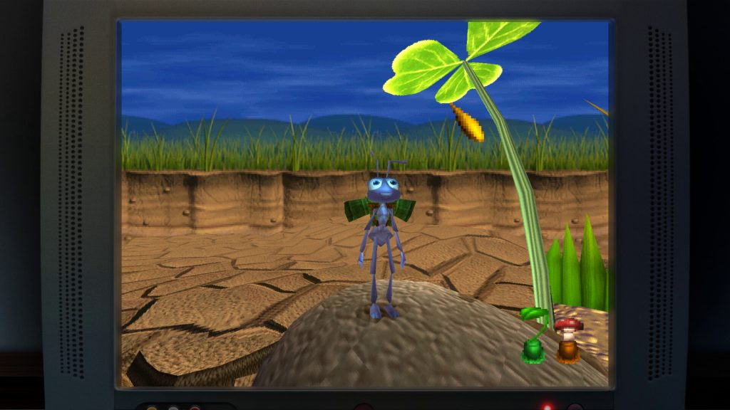 Toy Story: Retro Roundup! Review: A screenshot of the A Bug's Life game showing Flint standing under a plant.