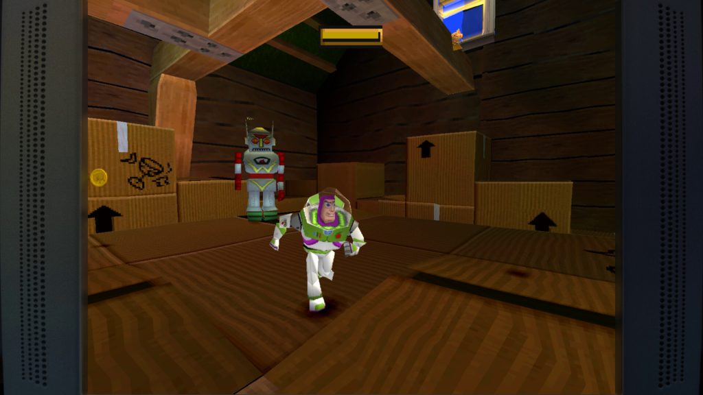Toy Story: Retro Roundup! Review: A screenshot of a retro game which shows Buzz Lightyear running through boxes.