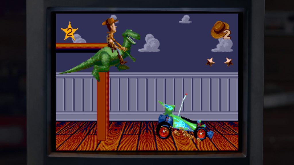 Toy Story: Retro Roundup! Review: A screenshot of the game which shows Woody riding on Rex from a retro game.