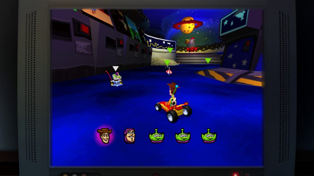 Toy Story: Retro Roundup! Review: A screenshot of a retro game which shows Woody doing a car racing game in Pizza Planet.