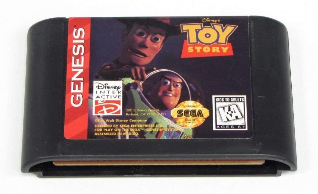A photo of a vintage cartridge of Toy Story video game on the Sega Genesis