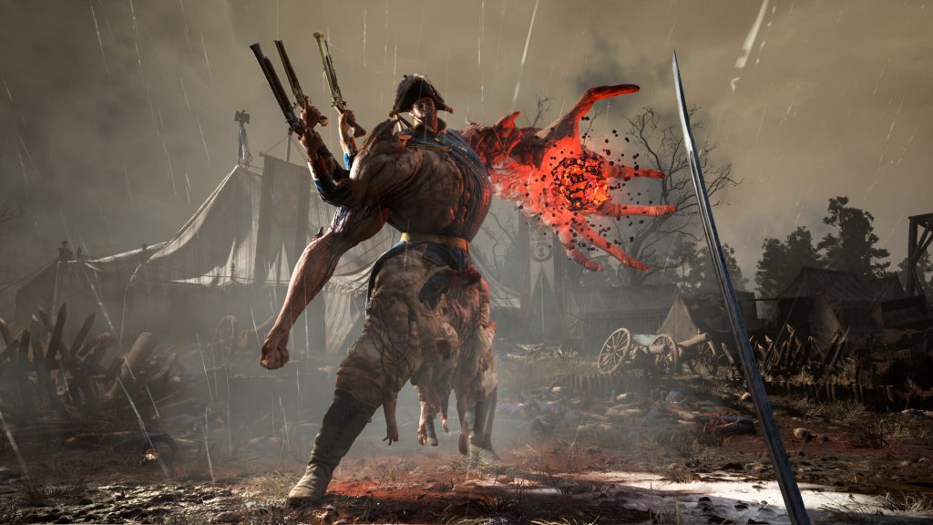 Valor Mortis review - promotional screenshot of General Lothaire, a hulking monstrosity with one hand in a fist, three other hands wielding flintlock pistols, and a fifth, giant hand casting fire