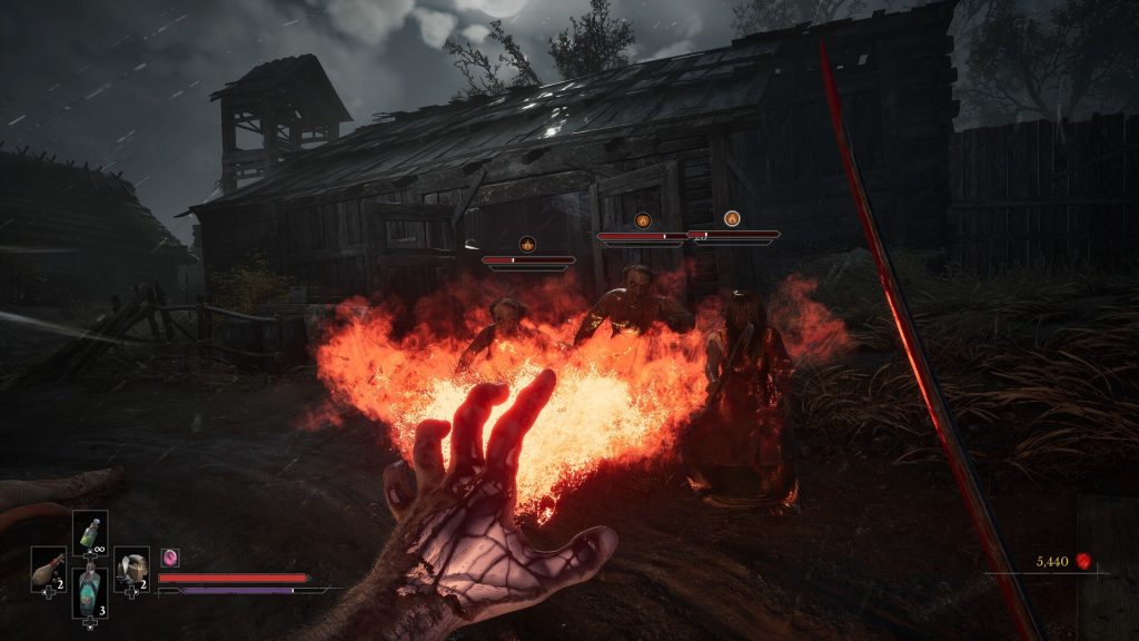 Valor Mortis review - first-person screenshot of protagonist William casting fire on a wave of enemies at night