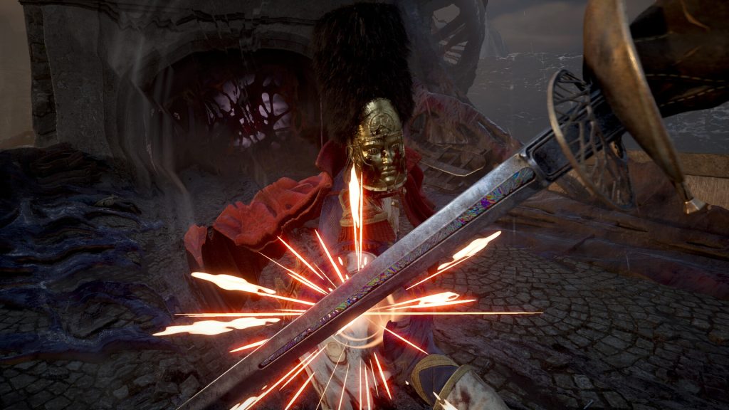 Valor Mortis review - promotional screenshot of protagonist William locking swords with a golden-masked individual