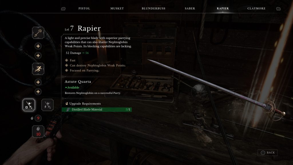 Valor Mortis review - screenshot of the player upgrading the Rapier weapon