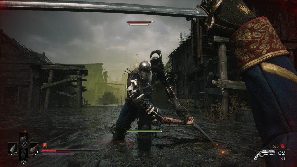 Valor Mortis review, gameplay screenshot of William engaged in combat with a heavyweight soldier