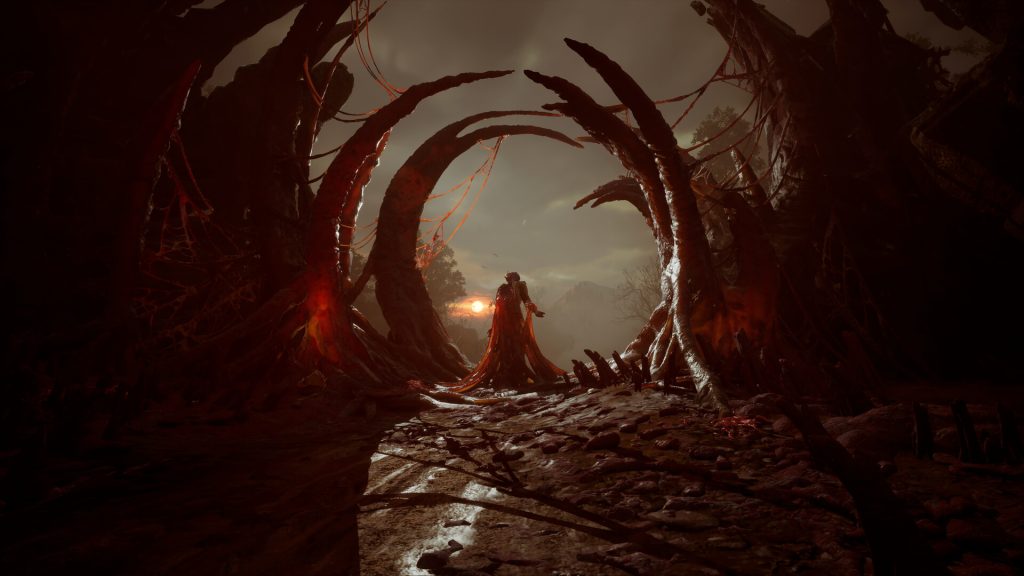 Valor Mortis review - promotional screenshot of a fallen soldier ensnared in Nephtoglobin as the sun sets behind them