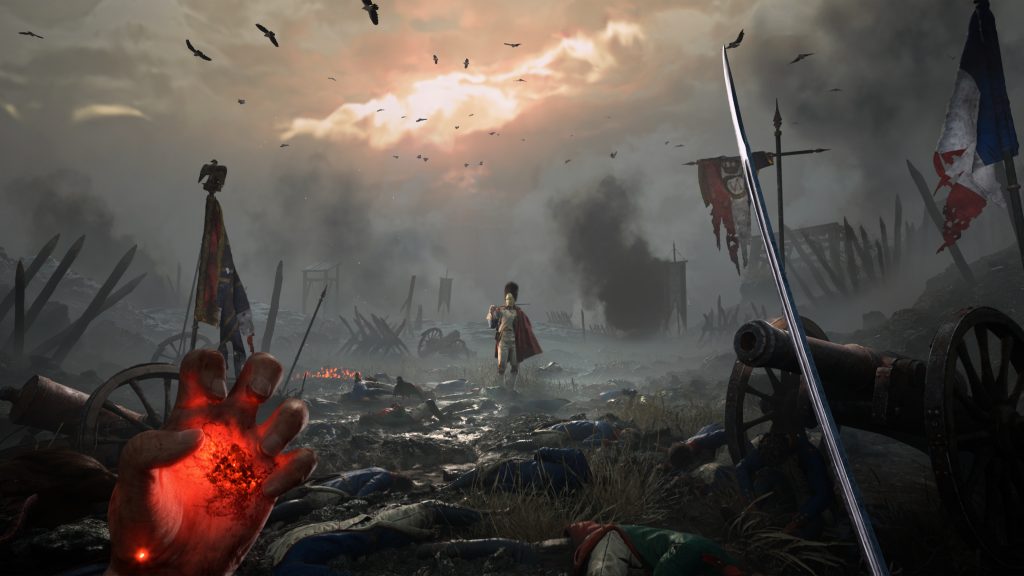 Valor Mortis review - first-person screenshot of protagonist William holding a sword (right hand) and casting fire (left hand) while looking onward at a field of discarded bodies and a lone, fearsome, masked soldier