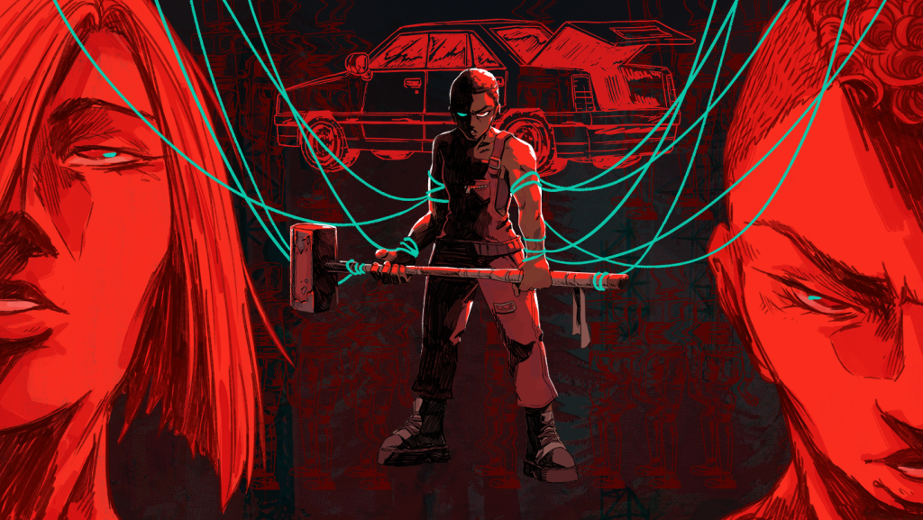 Virtue and a Sledgehammer Review: Hit Me With Your Best Shot Virtue and a Sledgehammer Review - Cover Art showing two femme characters on either side of the screen with a third figure in the middle, wielding a hammer with an angry gaze