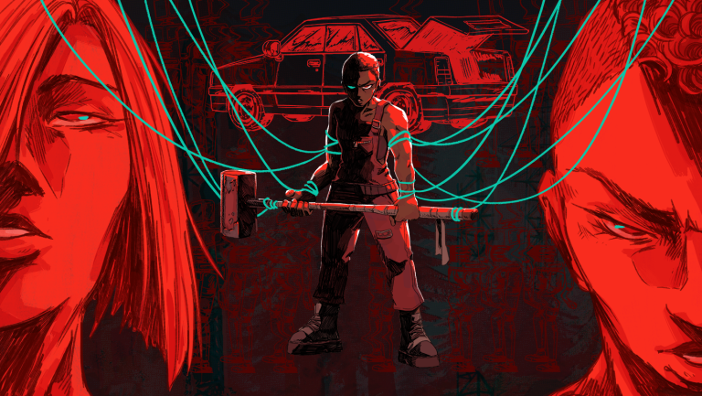 Virtue and a Sledgehammer Review: Hit Me With Your Best Shot Virtue and a Sledgehammer Review - Cover Art showing two femme characters on either side of the screen with a third figure in the middle, wielding a hammer with an angry gaze
