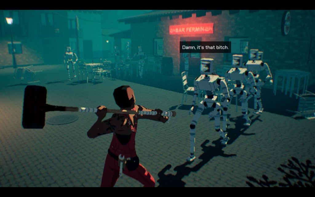 Virtue and a Sledgehammer Review: A screenshot that shows Pratelle fighting robots outside of a bar. One robot says, "Damn, it's that bitch."