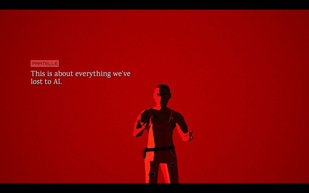 Virtue and a Sledgehammer Review: Pratelle asks in a bold red screen, "This is about everything we've lost to AI."