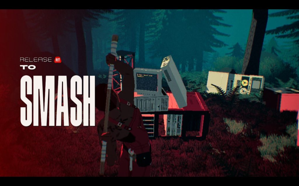 Virtue and a Sledgehammer Review: A screenshot that shows on-screen instructions: Release RT to Smash for Pratelle to smash computers.