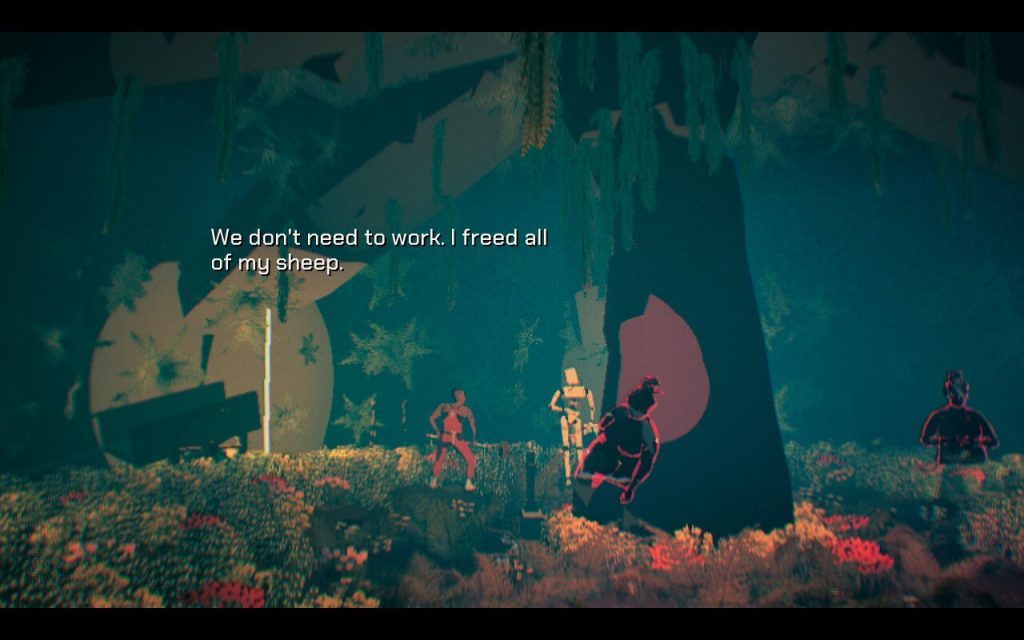 Virtue and a Sledgehammer Review: A screenshot showing Pratelle talking to the shepherd robot in the forest. It says, "We don't need to work. I freed all of my sheep."