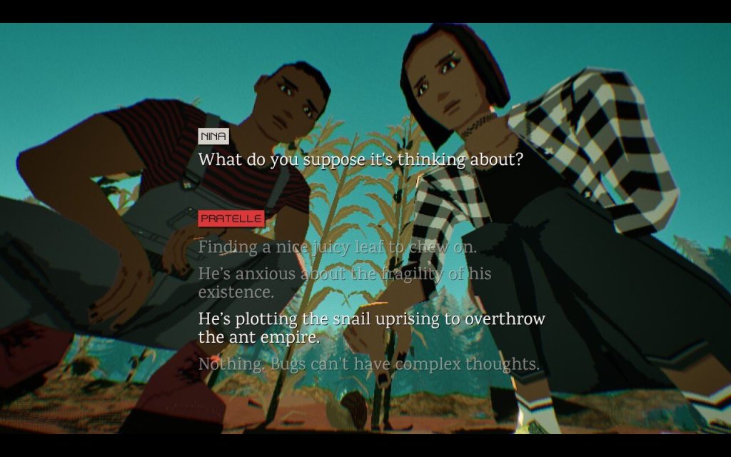 Virtue and a Sledgehammer Review: A screenshot of Pratelle and Nina talking about the snail, wondering, "What do you suppose it's thinking about?"