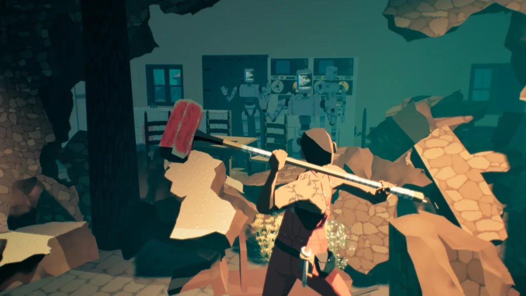 Virtue and a Sledgehammer Review: A screenshot of Pratelle, a woman, wielding a massive sledgehamer as she fights robots in a house in an indie video game.