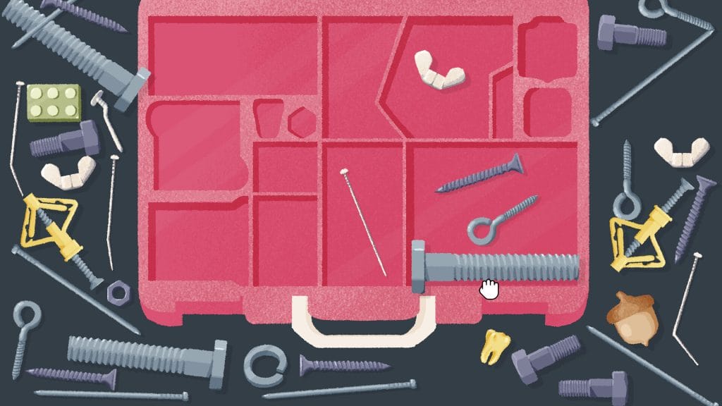 A screenshot of A Little to the Left, a puzzle game. This puzzle shows putting screws and nails into a toolbox. 