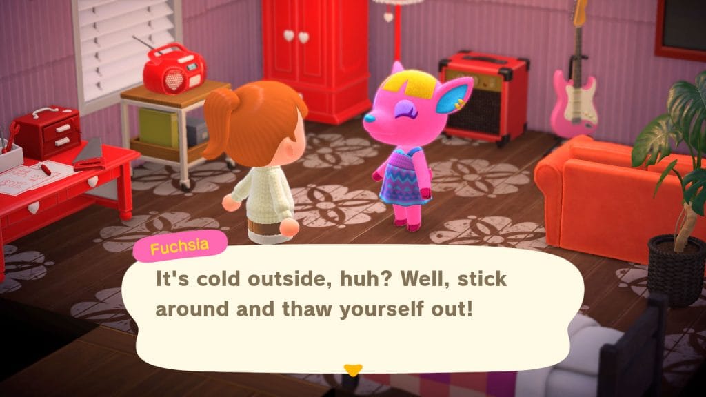 A screenshot of Animal Crossing: New Horizons in which a girl with a red ponytail talks to a pink horse named Fuschia who says, "It's cold outside, huh? Well, stick around and thaw yourself out!" 