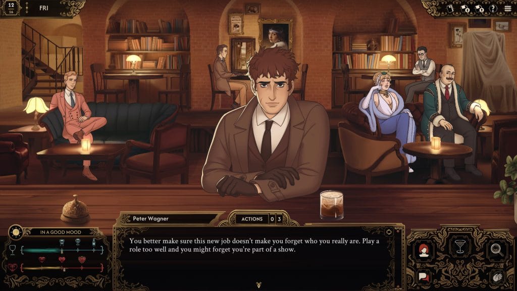 A screenshot of Best Served Cold, an indie murder mystery game where players play a bartender in a 1920s themed world. 