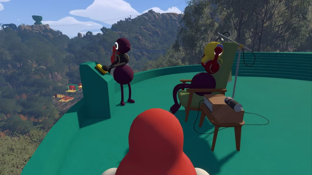 Big Walk - multiple players on top of a building, one pressing a button, another listening to some kind of sound machine with headphones on, and one holding a Kong