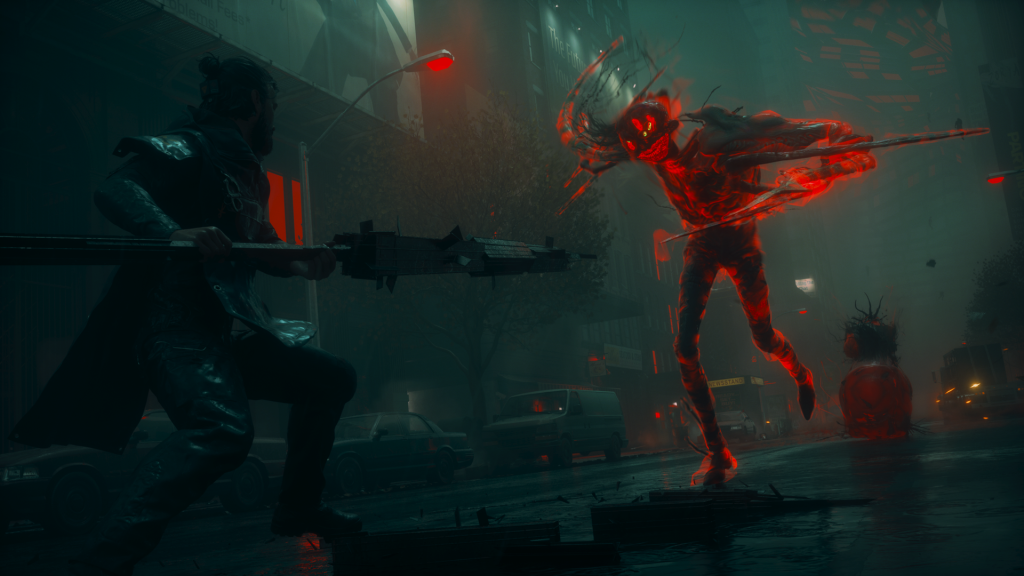 Control Resonant: A promotional screenshot of Dylan Faden fighting a haunted glowing red enemy in Manhattan. 