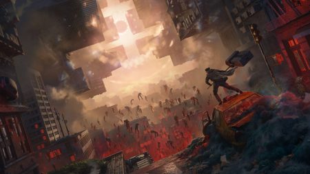 Control Resonant Review: Forgiving Faden Control Resonant: Promotional key art of Dylan Faden standing with a giant weapon staring down enemies in a haunted version of Manhattan.