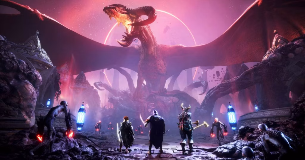 A promotional screenshot of Dragon Age The Veilguard showing characters preparing to fight demons and a large dragon. This screenshot is featured in an op-ed about why the shut-down of BioWare is so sad and bad for the games industry.