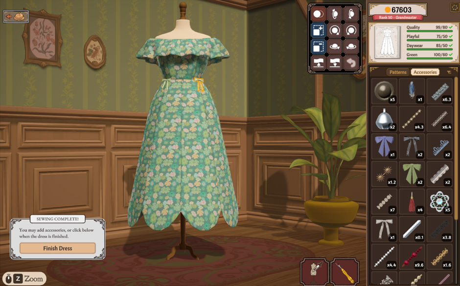 Dressmaker screenshot: Accessorizing a green dress. Featured in a Dressmaker Review at The Punished Backlog.
