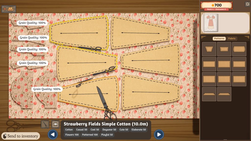 Dressmaker screenshot: Cutting out fabric sections for a fashion designing game. Featured in a Dressmaker Review at The Punished Backlog.