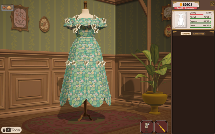 Dressmaker screenshot: Pinning fabric sections to a mannequin. Featured in a Dressmaker Review at The Punished Backlog.