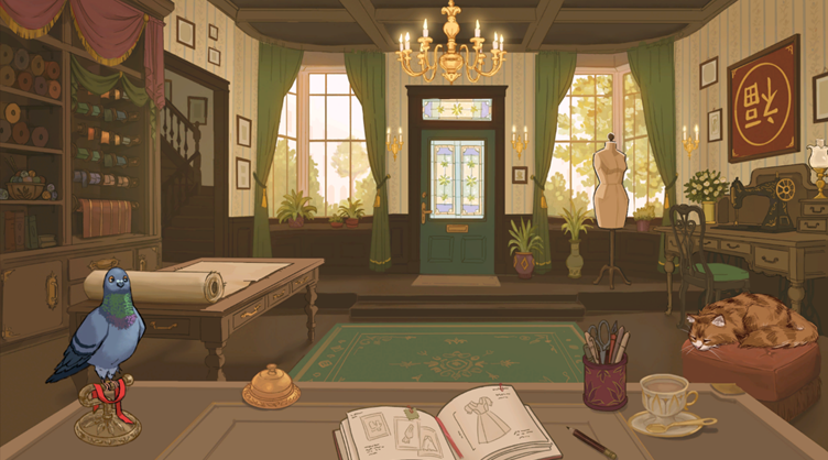 Dressmaker screenshot: The interior of the Dressmaker shop. Featured in a Dressmaker Review at The Punished Backlog.
