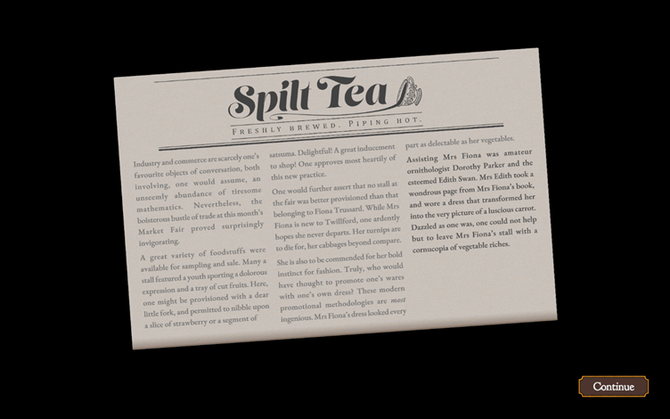 Dressmaker screenshot: The Spilt Tea newspaper. Featured in a Dressmaker Review at The Punished Backlog.
