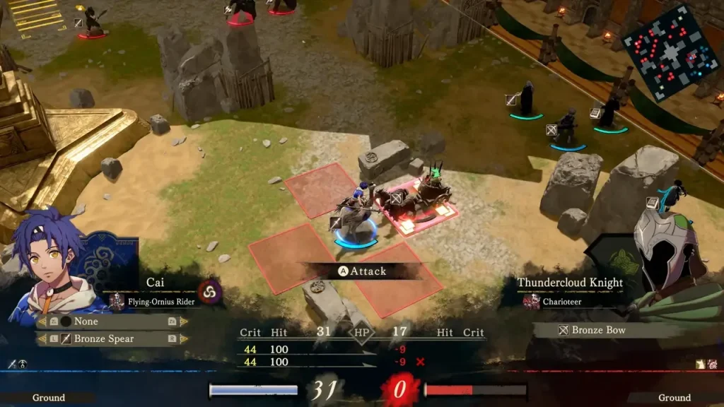 Fire Emblem: Fortune's Weave Review - Screenshot of combat gameplay of  Cai fighting Thundercloud Knight. 