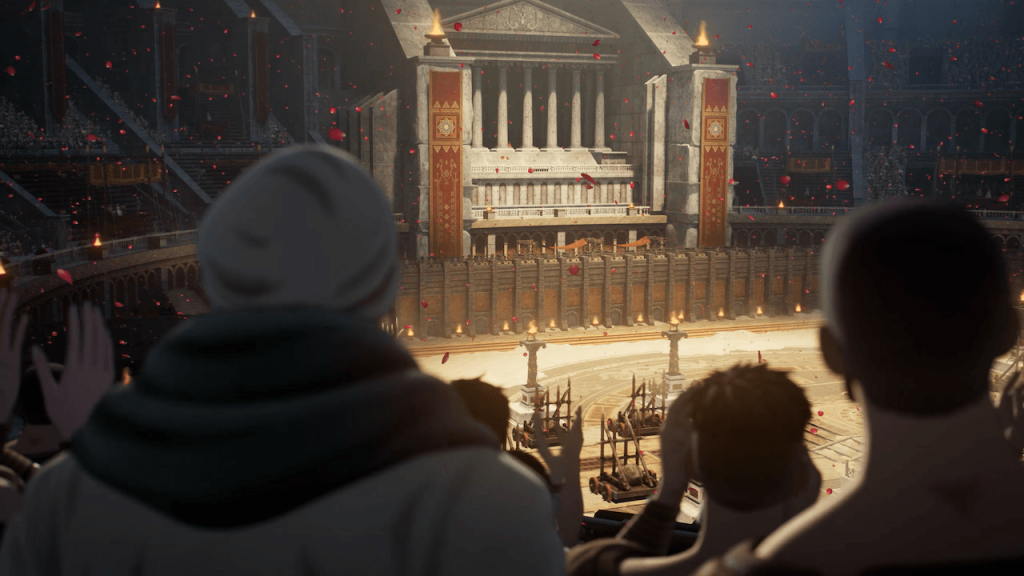 Fire Emblem: Fortune's Weave Review - Screenshot of a cinematic of a gaming stadium. 