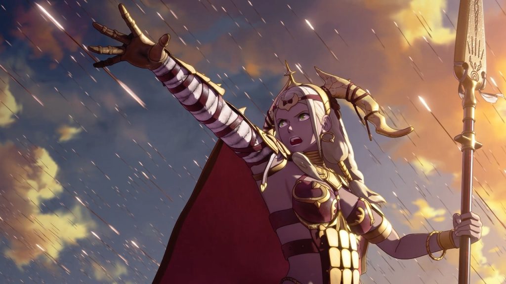 Fire Emblem: Fortune's Weave Review - Screenshot of Theodora raising her arm as flaming arrows fly behind her. 
