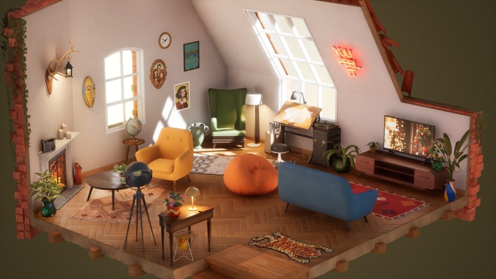 A screenshot of Hozy, an interior decorating game showing a cozy looking apartment building. 