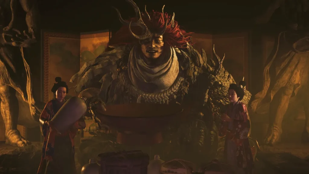 Onimusha: Way of the Sword - All Bosses Ranked List - A screenshot of Shuten Doji with two women by his side. Tips for fighting Shuten Doji.