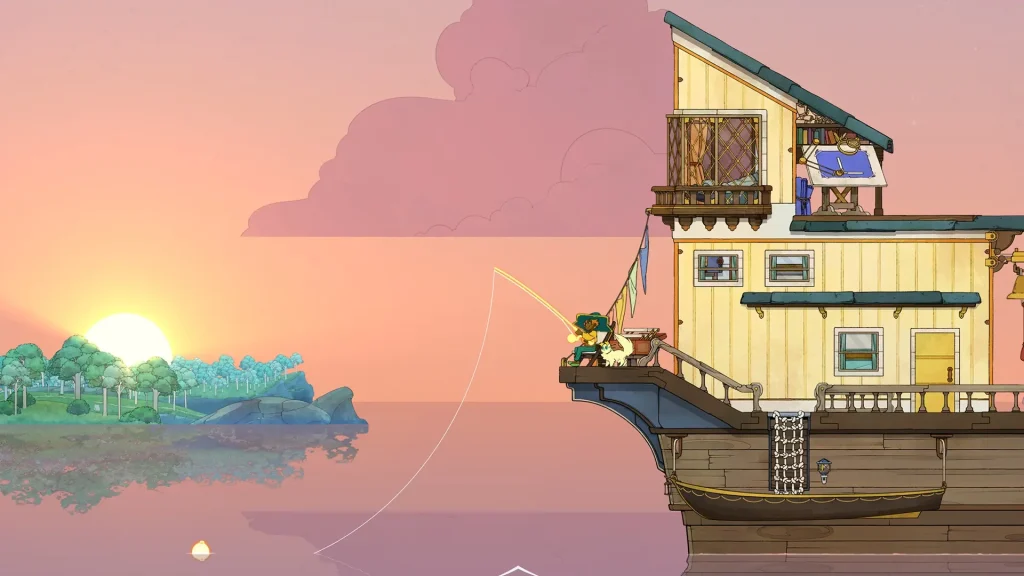 A Screenshot of Spiritfarer featuring a young woman of color, Stella,  fishing on a yellow house boat with a cat by her side as the sun sets.